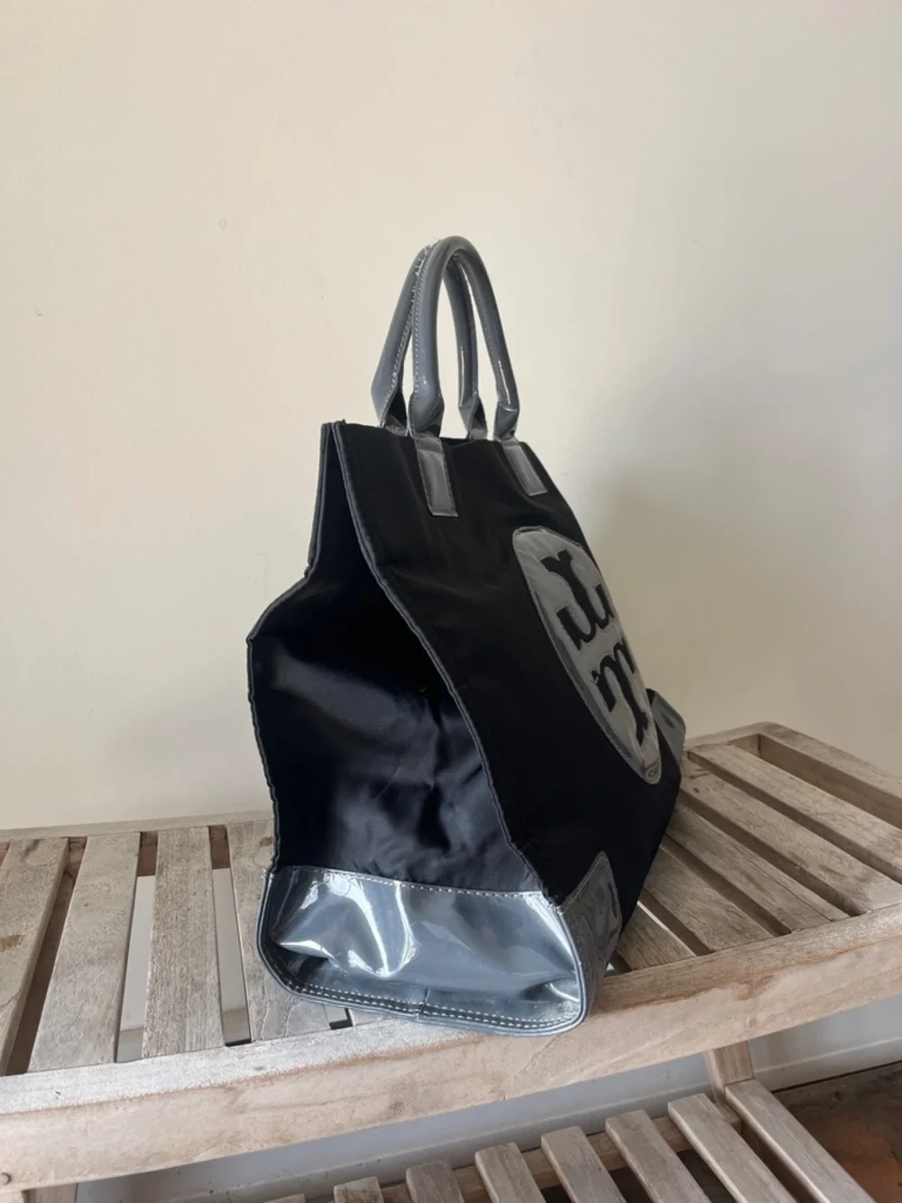 Tory Burch Ella Tote - Large Black Nylon Shoulder Bag with Patent Logo